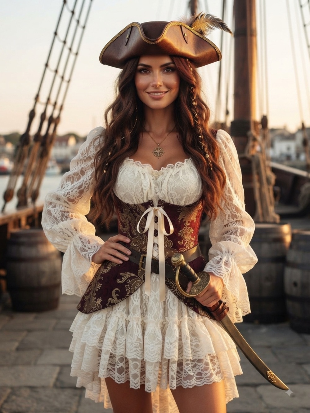 Pirate Lady- Medieval-Inspired Lace-Up Tunic Dress in Burgundy with White Lace